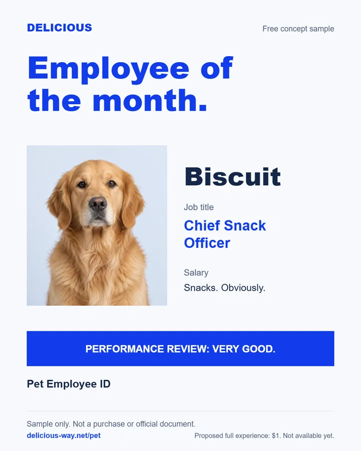 Sample pet employee ID: a golden retriever named Biscuit, job title Chief Snack Officer